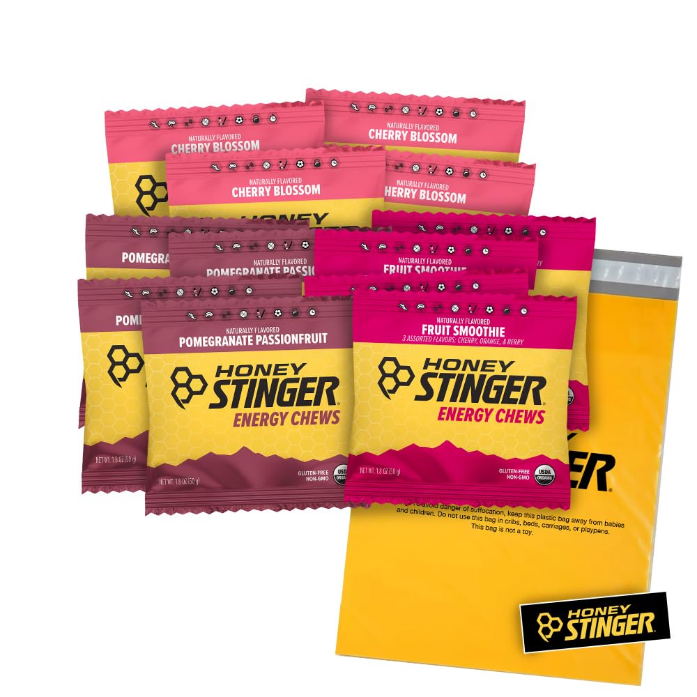 Honey Stinger Organic Energy Chews – Variety Pack – 12 Count – 4 von jedem Geschmack – Chewy Gummy Energy Source – Cherry Blossom, Fruit Smoothie & Pomegranate Passionfruit – Plus Sticker und Polybag