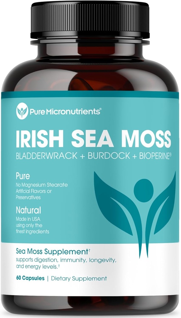 Pure Micronutrients Irish Sea Moss Capsules - Organic Irish Seamoss Pills mit Bladderwrack, Burdock & Black Pepper für Energie, Immunität, Schilddrüse, Verdauung, Herz und Knochengesundheit