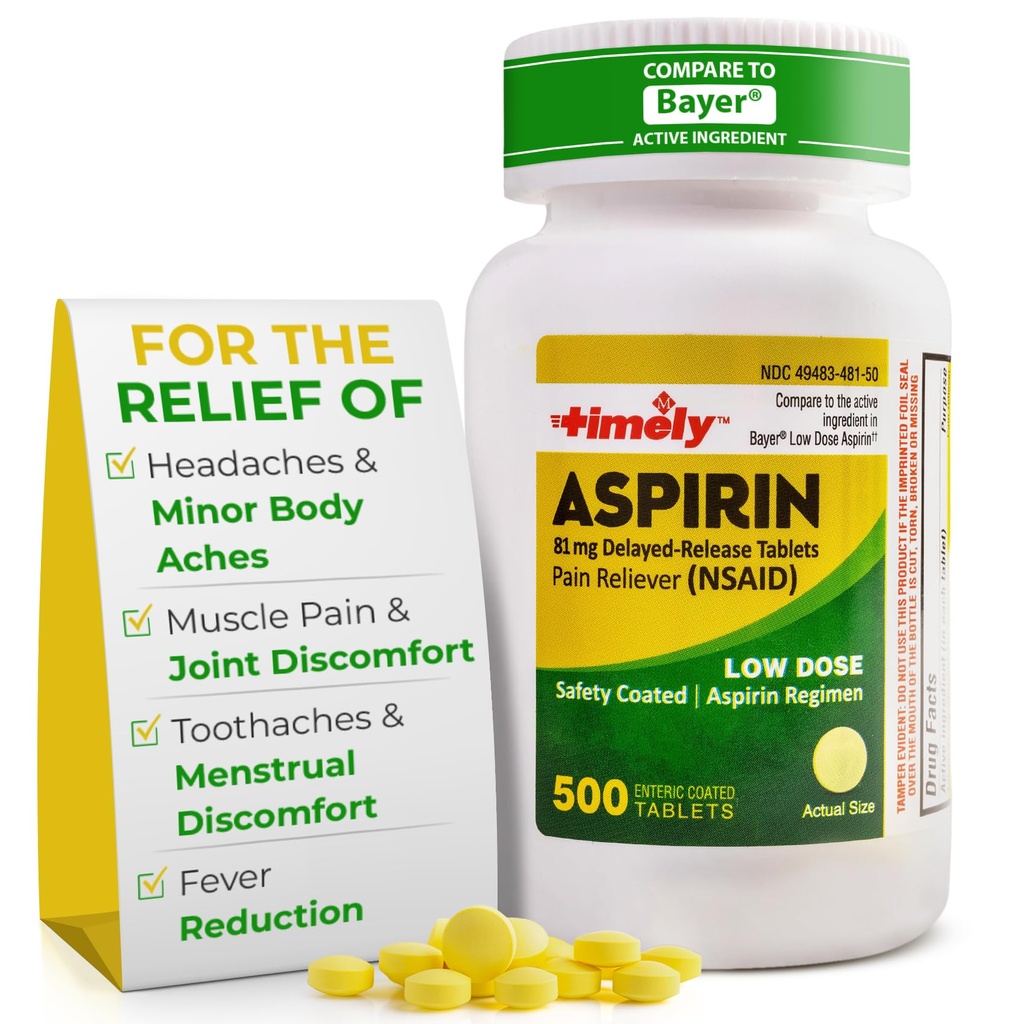 Timely Low Dose Aspirin 81mg für Erwachsene - Schmerzreliever für Minor Aches & Fever Reducer - Vergleichen Sie mit dem aktiven Ingredient in Bayer - Low Strength Enteric Coated Aspirin - 500 Tabletten