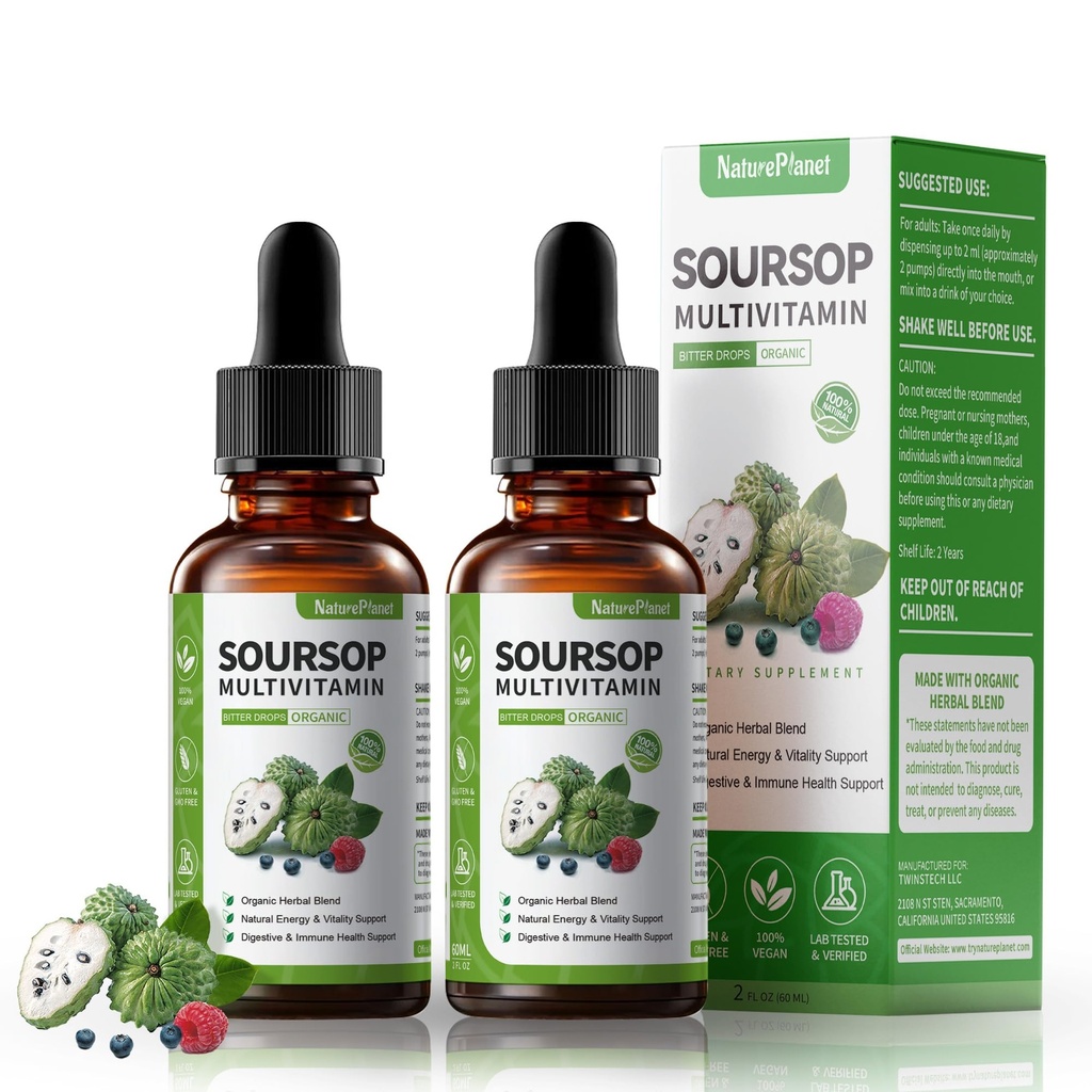 Guanábana Soursop Bitters Liquid Drops with Vitamin C, D3, B6, Soursop Fruit & Leaf Extract + 10 Bitters Botanicals for Immune Support Digestive Health Antioxidant Boost丨Non-GMO Vegan 120mL/4 Fl Oz