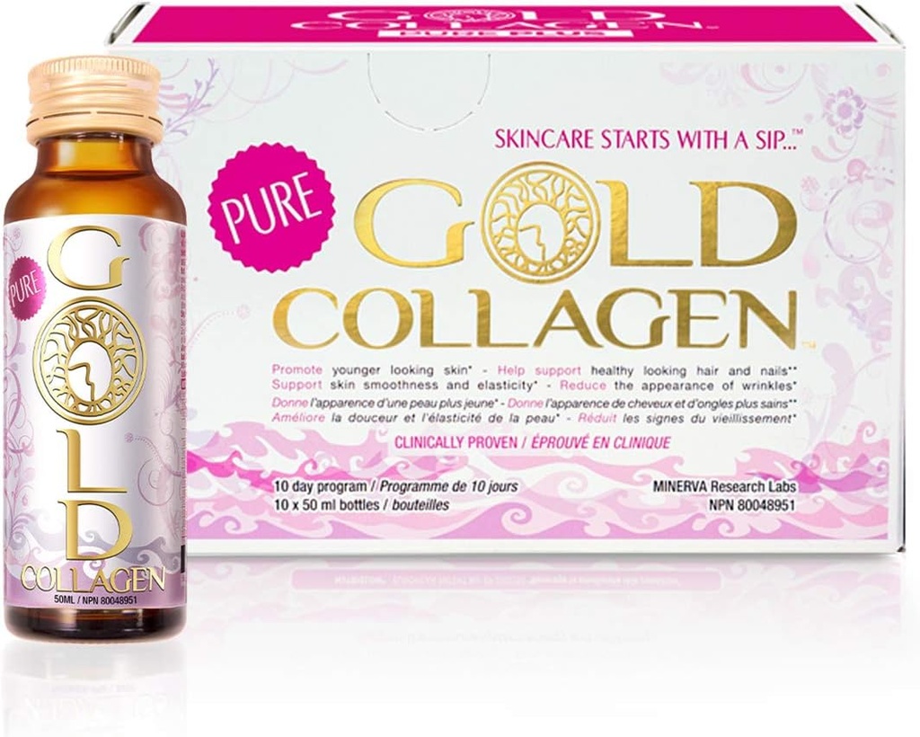 GOLD COLLAGEN Pure - Collagen Supplements für Damen und Herren mit Biotin für Haarwachstum, Haut und Nagel - Anti-Falten Immunsystem Booster mit Hyaluronsäure, Vitamin C, B6 und Zink, 1 Packung 10x50 ml