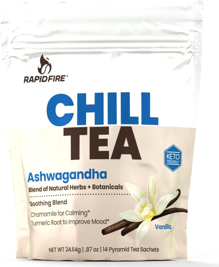 Chill Tee, beruhigende Mischung, fördert Entspannung, mit Ashwagandha, Kamille, Kurkuma, Stress Relief Tee, Koffeinfrei, 14 Teebeutel, 14 Servierungen
