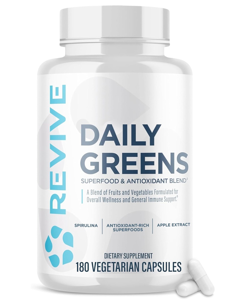 Revive MD Daily Greens Supplement für Männer und Frauen - Superfood & Antioxidant Blend w/Digestive Enzyme, Präbiotika & Probiotika für Immununterstützung, Verdauungs- und Gutgesundheit - 180 Kapseln (60 Servietten)
