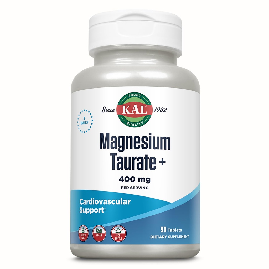 KAL Magnesium Taurate 400mg Plus CoEnzyme Vitamin B6, Chelat Magnesium Supplement, Gesunde Muskelfunktion, Nerven- und Herzgesundheitsunterstützung, Glutenfrei, Vegan, 60-Tage Garantie, 45 Serv, 90 Tabletten