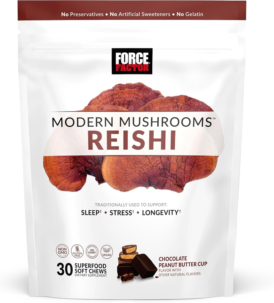 FORCE FACTOR Moderne Pilze Weichkäse, Reishi Pilz-Ergänzung Schlaf zu unterstützen, Stress-Relief, & Langlebigkeit, Antioxidantien-Ergänzung, leckere Schokolade Peanut Butter Cup Flavor, 30 Weichkäse