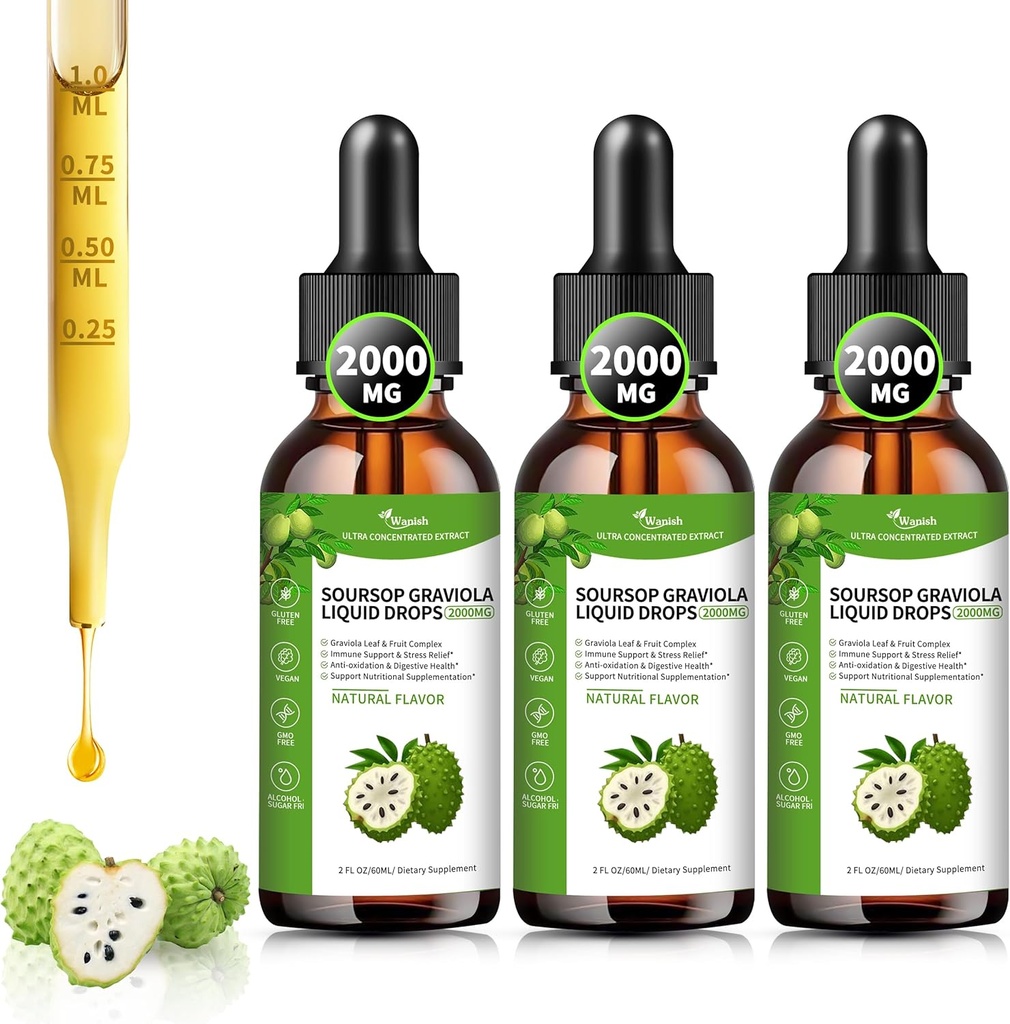 (3 Pack)Soursop Graviola Liquid Drops 2000mg, 98% Absorption Soursop Bitters Flüssigkeit für Zellunterstützung & Regeneration, Immune Boost, Leber, pflanzliche Güte, Zucker/Gluten frei, natürliche Geschmack, 6 Fl Oz