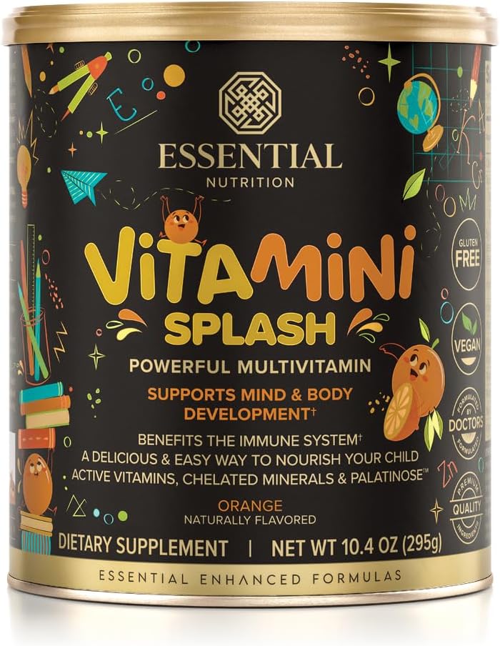 Essential Nutrition Vitamini Splash - Kinder Multivitamin Pulver - Ernährungsunterstützung - 13 Wirkstoffe Vitamine & 6 Chelatminerale, Prebiotic Fiber - Orange Flavor - (10.4 Unze) - Vegan