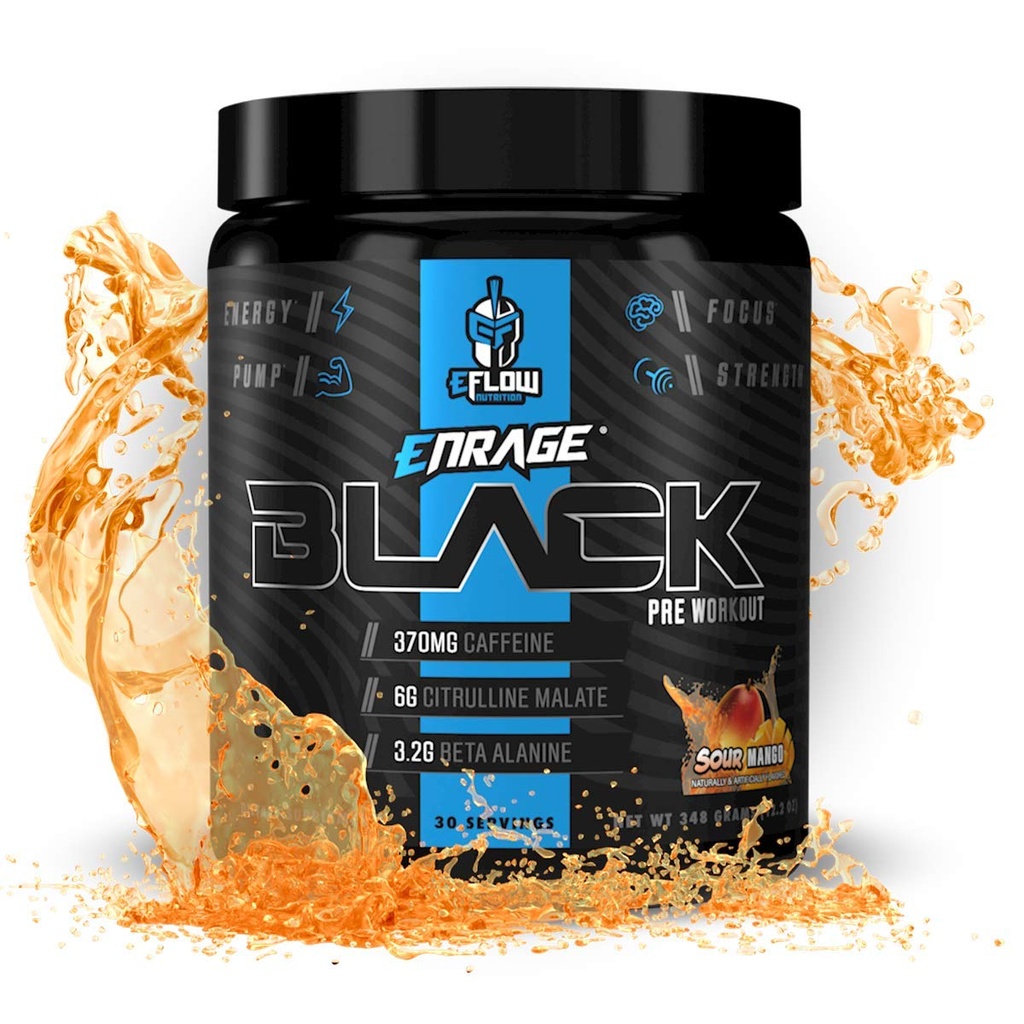 eFlow Nutrition Enrage Black High Stimulant Pre Workout Supplement - Preworkout Powder to Boost Energy, Pumps and Strength - 4 Flavors (30 Servierungen) (Sour Mango)