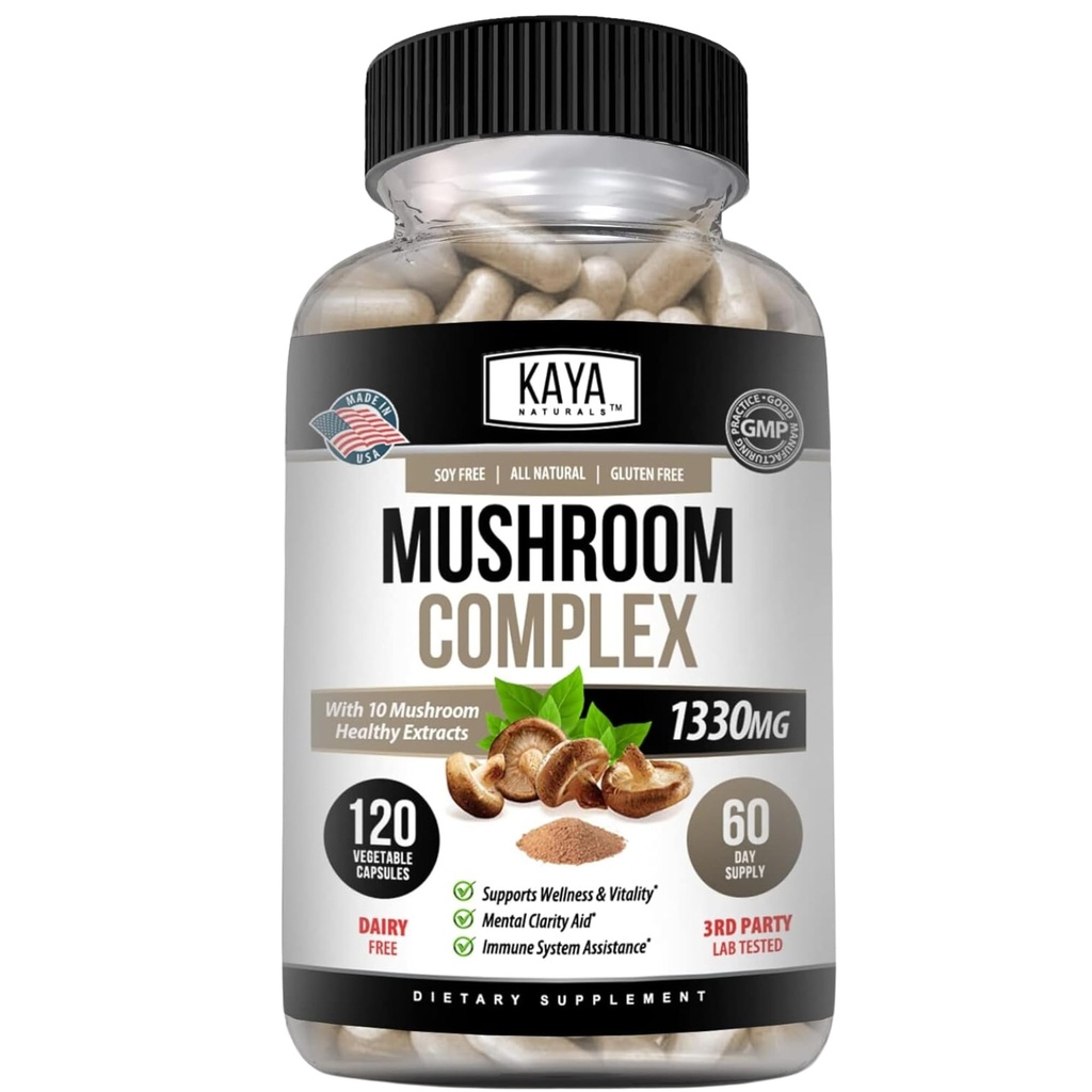 Kaya Naturals Premium Pilz Complex Potent - Pilz-Ergänzung - Pilz Complex Kapseln 1995mg pro Servieren - Aids Mental Clarity unterstützt Immunsystem, Wellness & Vitalität - 120 Count
