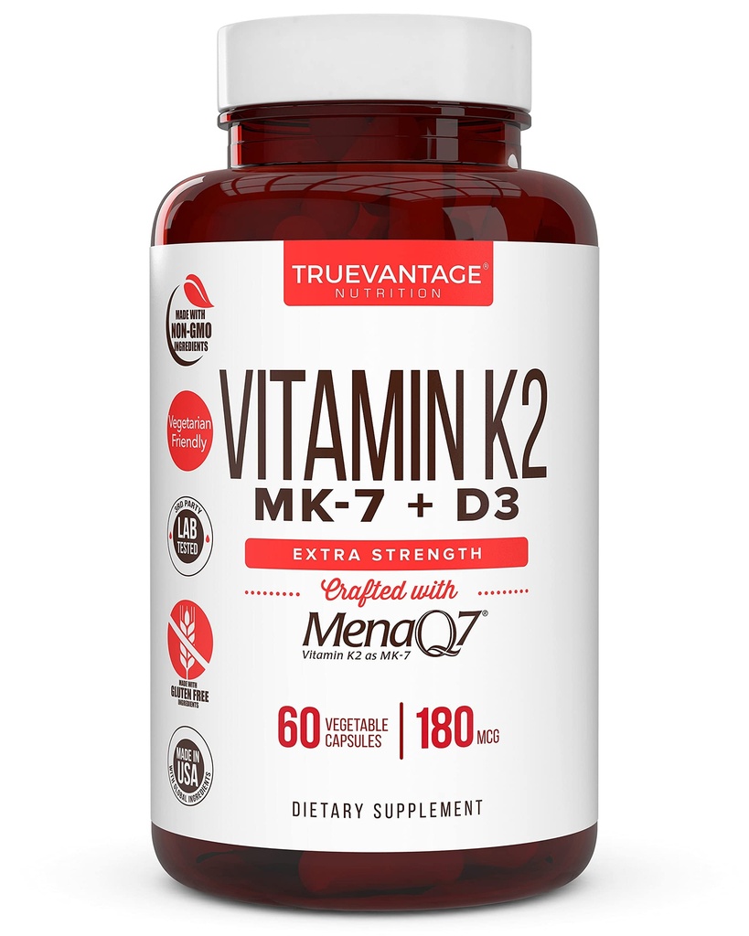 Vitamin K2 D3 Nahrungsergänzungsmittel 5000 IU D3 und 180 mcg Vitamin k2 MK7 Nahrungsergänzungsmittel für gesunde Knochen, Gesundes Herz & Herz-Kreislauf-Gesundheit-60 Einfach zu schlucken Gemüsekappen von MenaQ7 K2 MK7