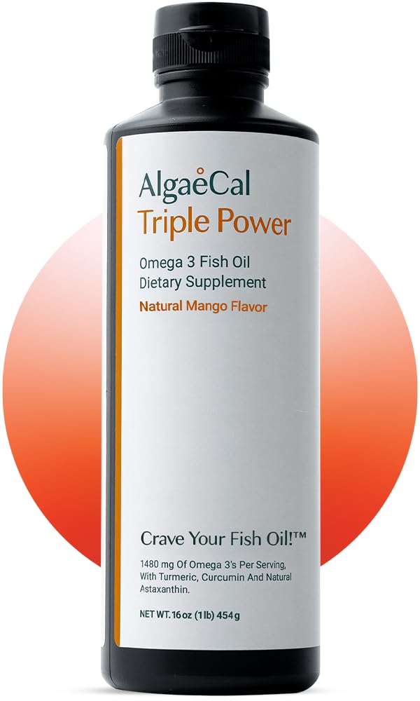 ALGAECAL Triple Power 1200mg EPA & DHA Omega 3 Fish Oil Supplement, Unterstützung von Gehirn, Herz, Haut und Knochen, Liquid Emulsion Mango Taste, Burp-Less, Sugar-Free, Made in USA