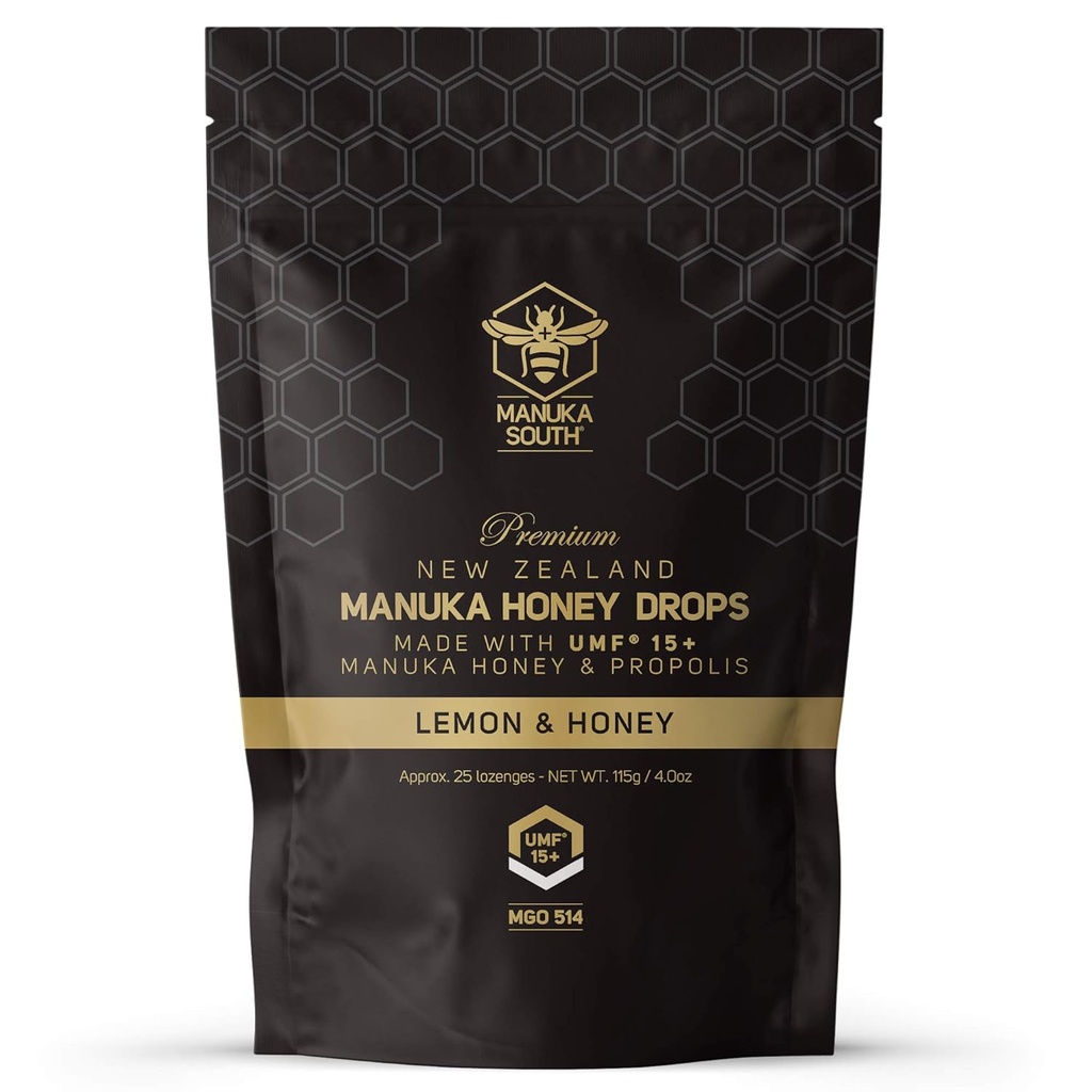 Manuka Honey Drops UMF 15+ / MGO 514+ & Propolis Drops Made in Neuseeland – Natürliche Zutaten – beruhigende Tropfen – Zitronen &amp; Honig Flavor - 25 Tropfen