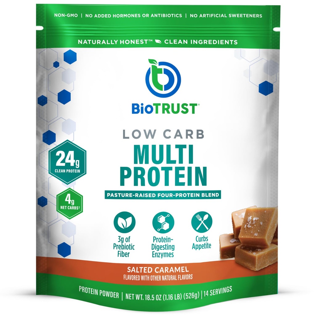 BioTrust Low Carb Protein Powder - Gesunde isolierte Whey Protein Pulver und Casein Blend aus Grass-Fed, Weide-Raised Cattle, Plus Digestive Enzyme - Gesalzene Caramel, 14 Servierungen