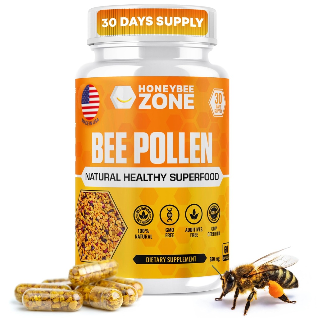 Bienenpollen-Ergänzung 100% natürliche Raw Bienenpollen in Veggie Caps Fermented Pollen Multivitamin, Probiotic Superfood, Vitalproteine, Aminosäuren, Immununterstützung &Energy 60 Pollen Kapseln