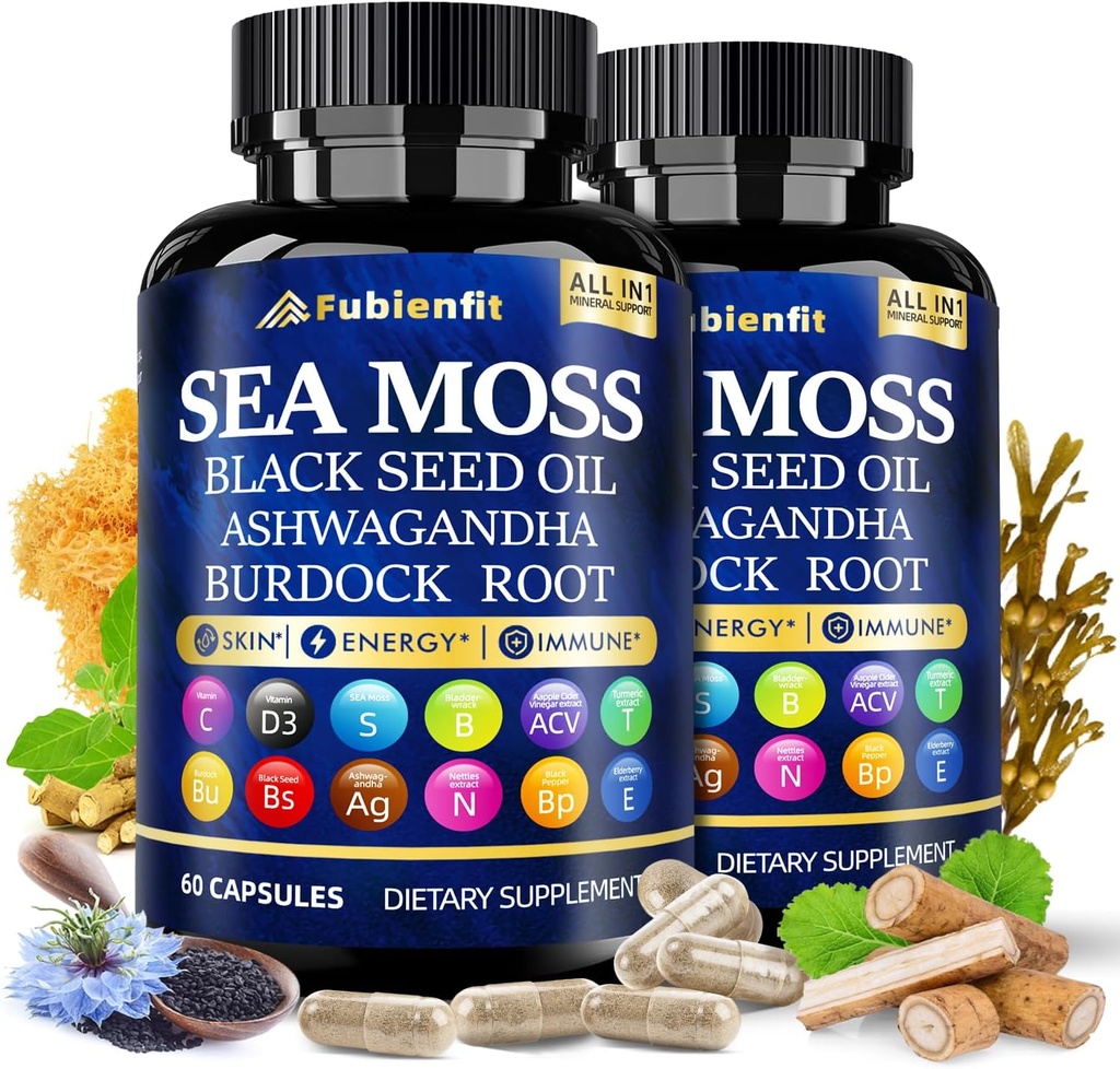 (2 Pack) Bio Sea Moss Capsules - Enthalten Nahtlose Schwarz Seed Öl ashwagandha Burdock Root Ginger & Essential Vitamins - Superfood für Immune Boost, Verdauungsgesundheit und Wellness