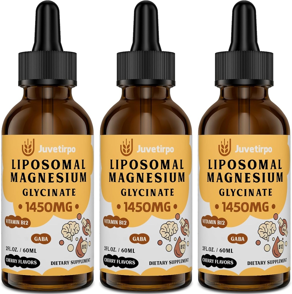 Magnesium Glycinate Liquid Drops - Liposomal Chelate mit Kirschen Geschmack für einfache Absorption, fördert Schlaf, Stimmung, Darm & Knochen Gesundheit, reduziert Stress - 60ML (2.04 Fl Oz (Pack von 3))