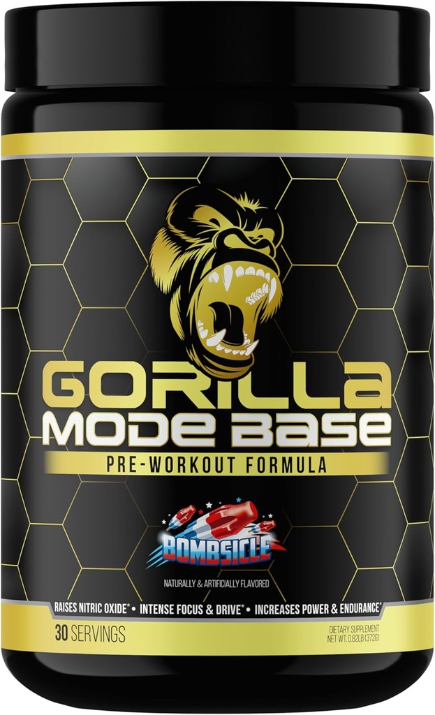 Gorilla Mind Base Pre Workout - Erhöht Nitric Oxide Intensiv Fokus & Drive Endurance Power - L-Citrulline, L-Tyrosine, Betaine, Alpha-GPC, Koffein, Huperzine A - 360 Grams (Bombsicle)