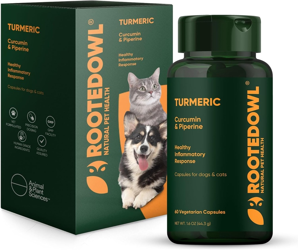 Rooted Owl Turmeric - Kurkuma-Ergänzung für Hunde und Katzen - mit Curcumin, Piperin und Vitamin C für entzündungshemmendes Relief - 60/ct