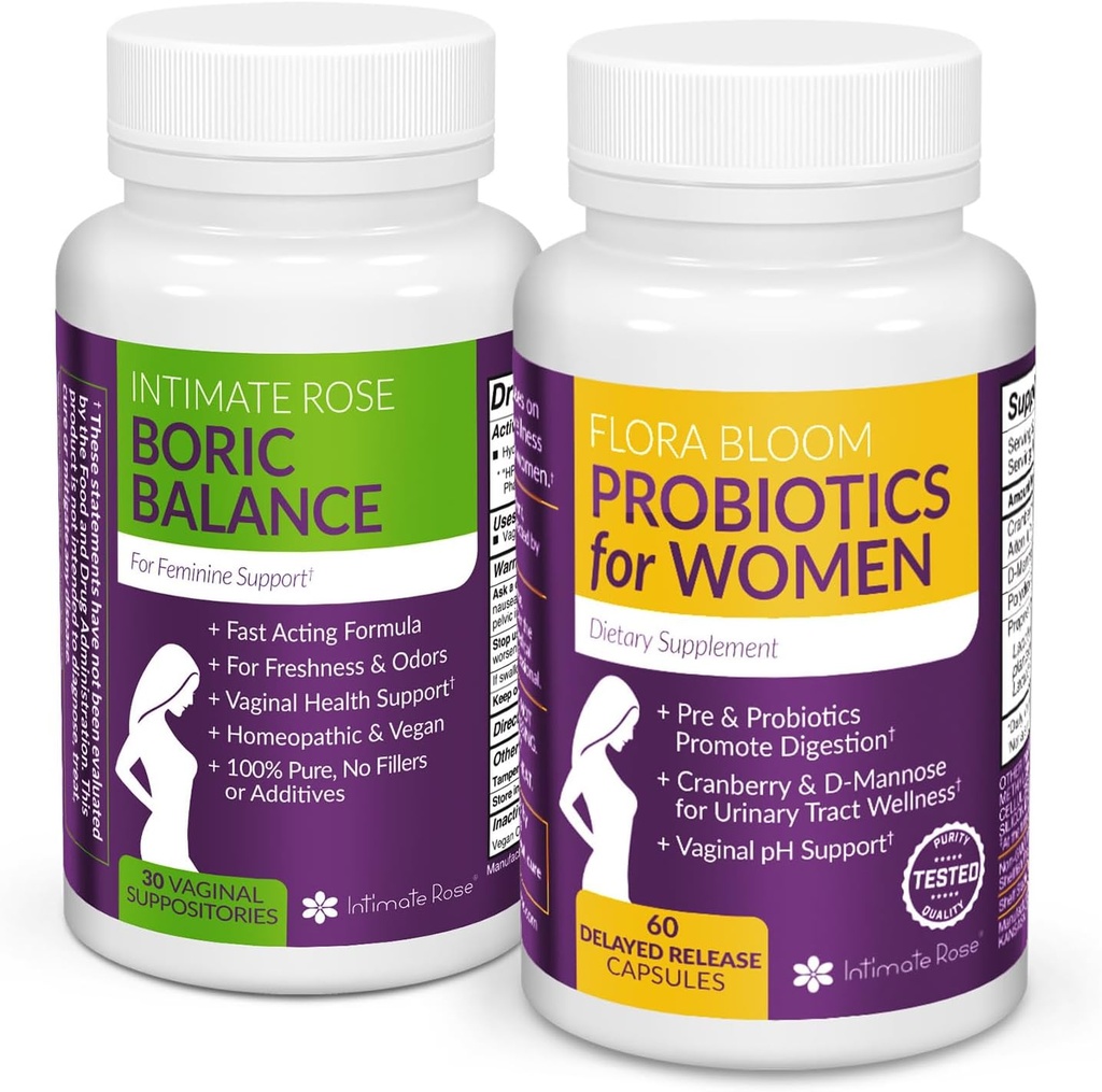 Intimate Rose Combo Pack! Flora Bloom Probiotics für Damen (Einfache Flasche) und Boric Balance Borsäure (Einfache Flasche) 2 Pack