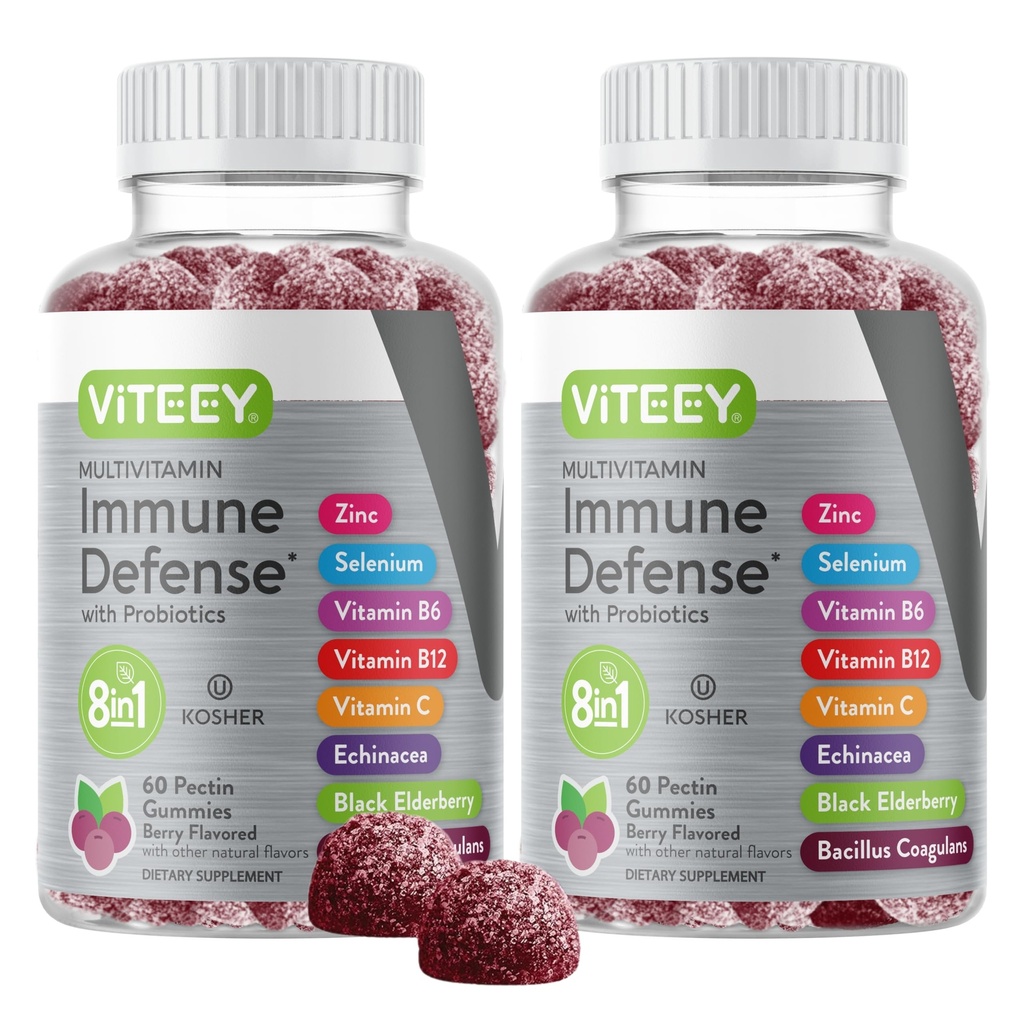 Viteey Multivitamin Gummi 8 in 1 Immununterstützungsergänzung mit Probiotika - Immun Booster für Erwachsene & Teens - Vegetarisch, Gelatinfrei, GMO Free - Kaubare Berry Flavored Pectin Immune Defense