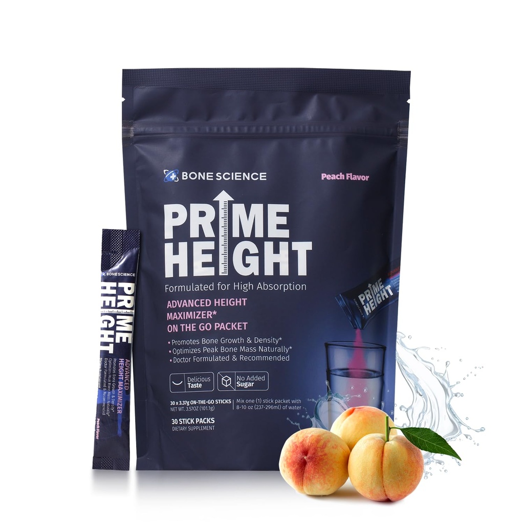 BONE SCIENCE - Prime Height Mutivitamin Powder - Height Development Drink Mix für Kinder & Teens, Knochen & Immununterstützung, Sugar-Free Peach Flavor, 30 Sticks