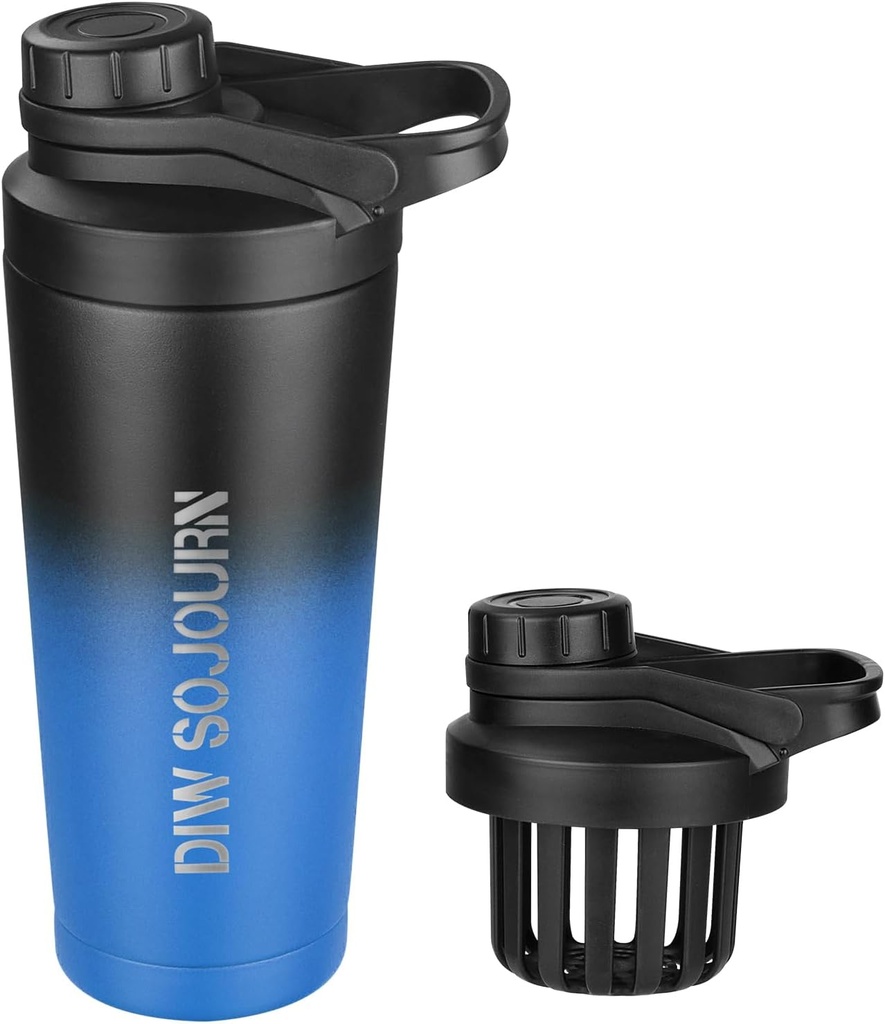 DIW 24 oz Shaker Bottle, Edelstahl Mischflasche mit Lärmfreiem Design, Isolierte Metall Shaker Cup für Proteinmischungen und Pre Workout,Gym Cup Shaker(Black&Blue)