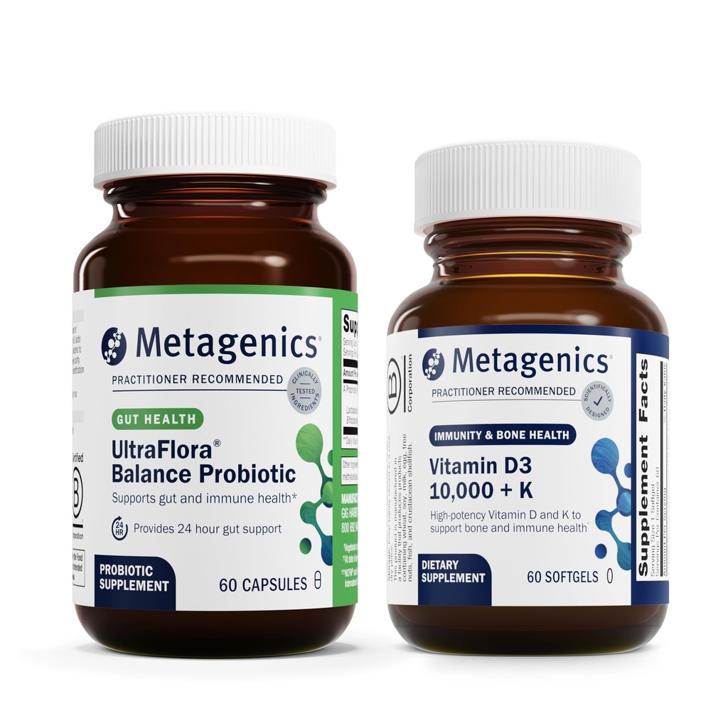 Metagenics Daily Gut and Immune Support Duo: UltraFlora Balance Probiotic for Digestive Health - 60 Kapseln & Immununterstützung & Vitamin D3 10.000+ K - 60 Softgels