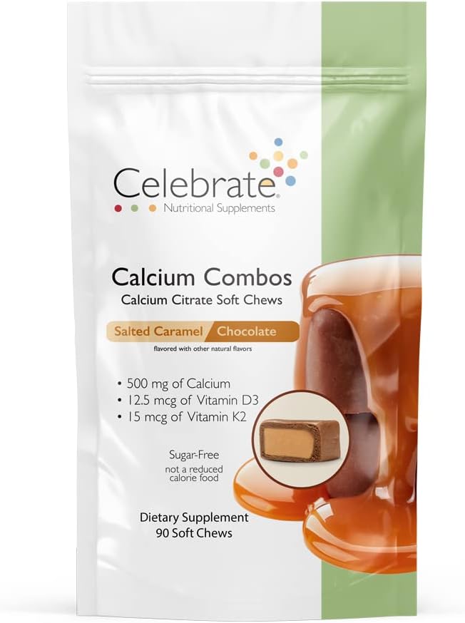 Celebrate Vitamine Bariatric 500mg Kalzium Citrate Weichkäse Combo mit 500 IU Vitamin D3 – essentiell für Magen-Bypass-Patienten & Knochengesundheit - Zucker & Glutenfrei, Karamell-Schokolade (90 Chews)
