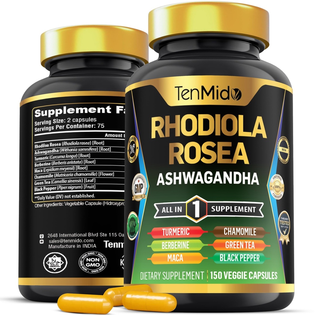 Rhodiola Rosea Supplement - 8in1 Formel - Kombinieren Sie mit Ashwagandha, Turmeric, Berberine, Maca, Kamille, Grüner Tee und Schwarzer Pfeffer - Nährstoffreiche - 150 Vegan Kapseln