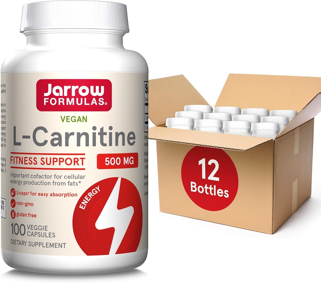 Jarrow Formulas L-Carnitin 500 mg - 100 Veggie Licaps - Wichtiger Cofaktor für die Energieerzeugung (ATP) aus Fetten - Nahrungsergänzung - Vegan - Bis zu 100 Portionen, Packung mit 12