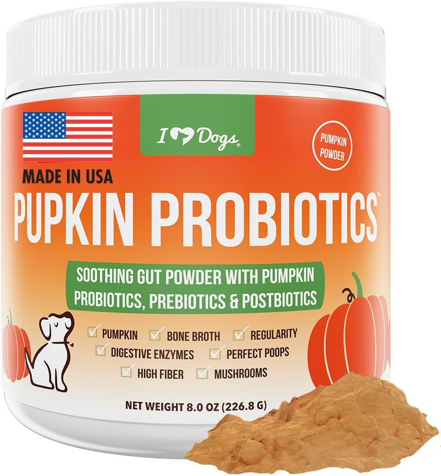 iHeartDogs Pupkin Probiotics, Prebiotics, & Postbiotics für Hunde mit Kürbis, Gut beruhigende Knochen Broth & Pilze - 30 Scoops