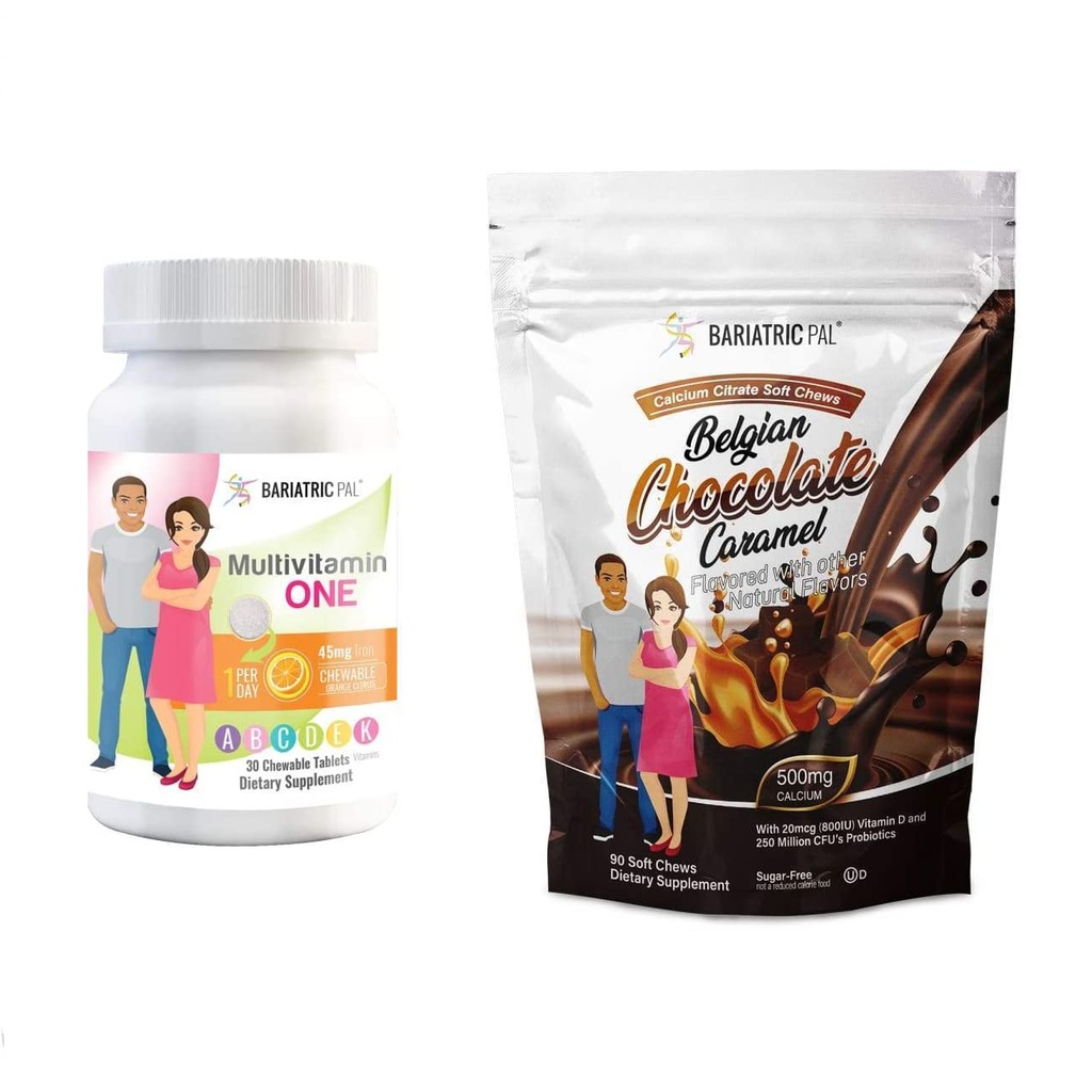BariatricPal 30-Day Bariatric Vitamin Bundle (Multivitamin ONE 1 pro Tag! mit 45mg Eisen Chewable - Orange Citrus und Calcium Citrate Soft Chews 500mg mit Probiotics - Belgian Chocolate Caramel)