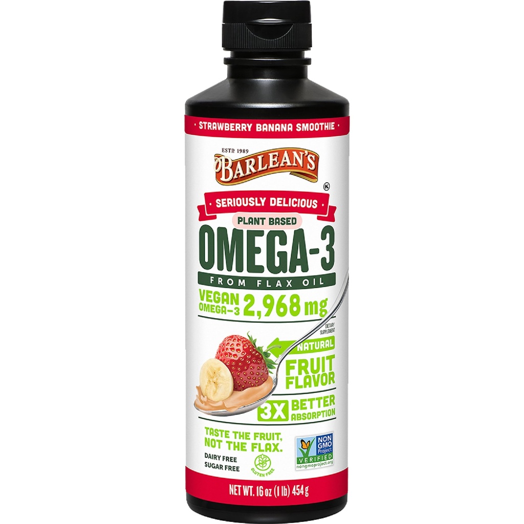 Barlean's Vegan Omega 3 6 9 Flaxseed Oil Liquid Supplement, Erdbeer Banana Smoothie, Flax Seeds Oil mit 2,968 mg ALA Fatty Acid, Non-GMO und Gluten Free, 16 oz
