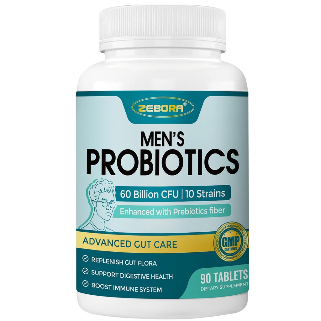 ZEBORA Probiotics for Men and Prebiotics for Digestive Health, 90 Tablets, 60 Billion CFUs für Immun- und Gutgesundheit, 10 Strains, Allergische Probiotika, Regal Stabil, Gluten & Soy Free