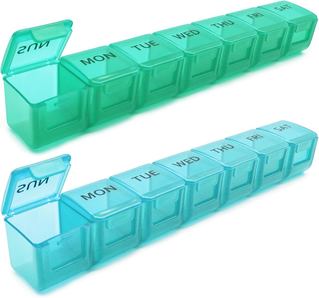 2 Pack Wöchentliche Pille Organizer, Große 7 Tage Pille Case, Tägliche Vitamin Case Medicine Box, AM/PM Pille Behälter für Medizin ergänzt Fischöl (blau & Grün)