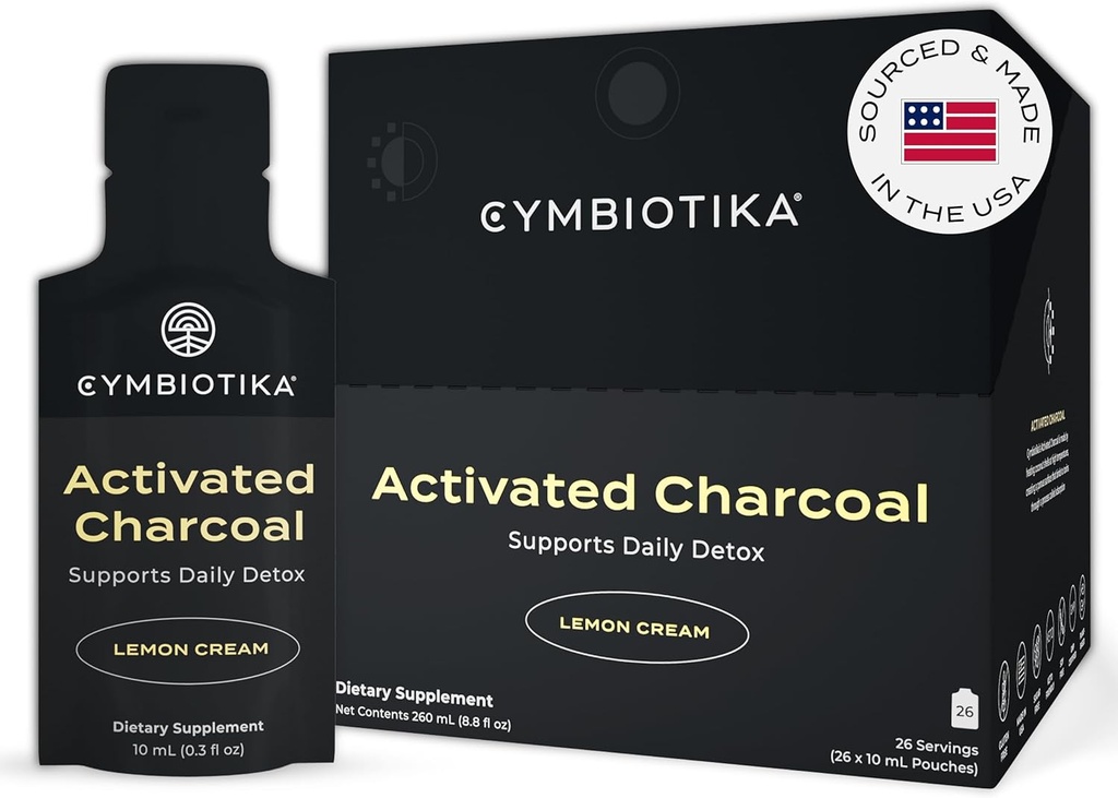 CYMBIOTIKA Aktivierte Charcoal Liquid Supplement Pakete aus Kokosnüssen für Bloating, Gut Health & Digestive Unterstützung, Hilft Detox, Vitamin E, Lemon Cream Flavor, Vegan, 26 Pack