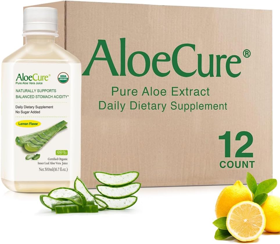 AloeCure USDA Organic Aloe Vera Juice Lemon Flavor - Hergestellt innerhalb von 12 Stunden Ernte - Natürliche Verdauungsergänzung für Balanced Stomach Acidity - Unterstützung Verdauungs- und Immungesundheit, 12 Btls x 16.7oz