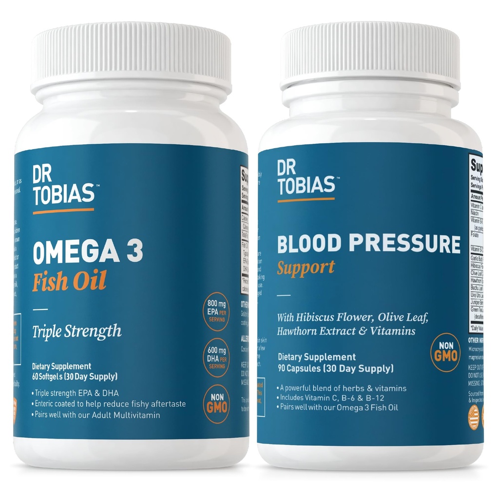 Dr. Tobias Omega 3 Fish Oil & Blood Pressure Support Ergänzungen für Herz, Gehirn, Immune, Circulatory Health, mit Vitamin C, B6, B12, Niacin, Folate & Kräuter