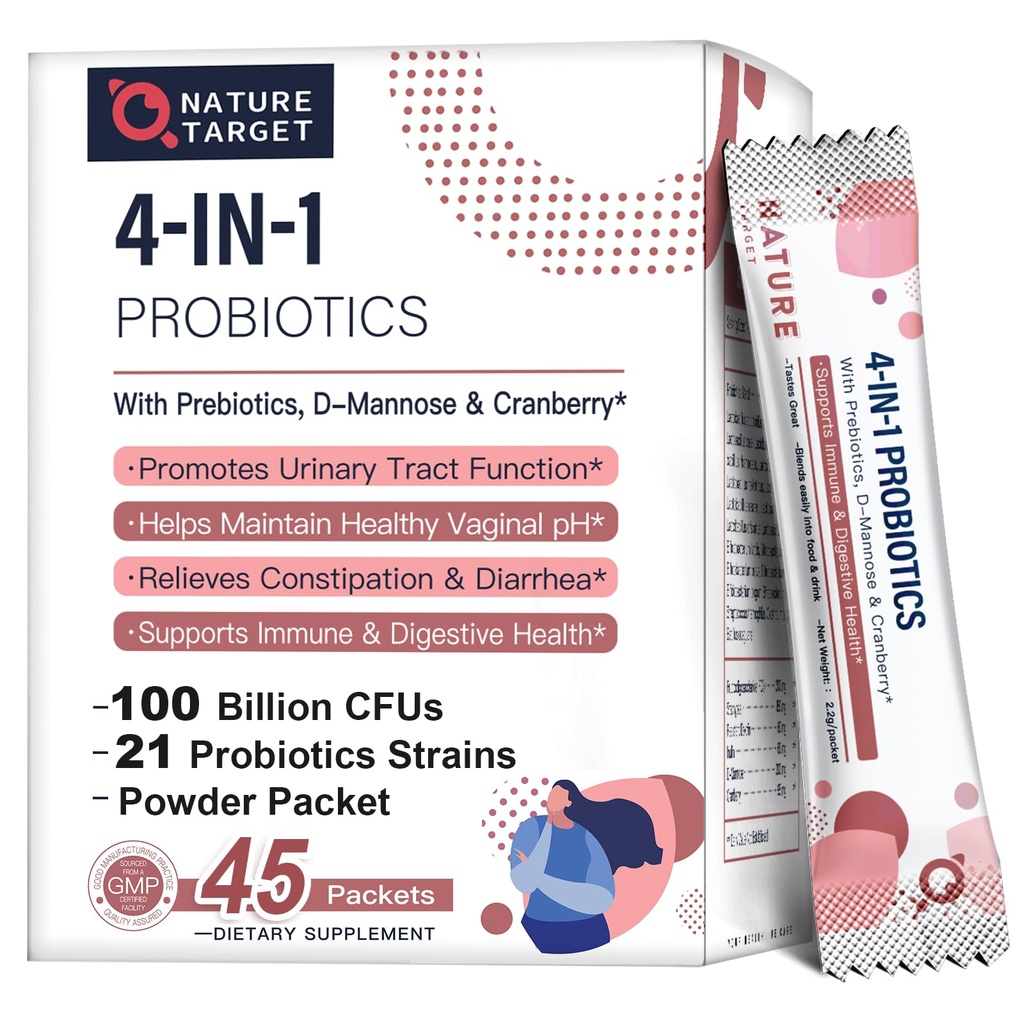 NATURE TARGET Probiotics-for-Women Prebiotics-and-Probiotics-Powder, 100-Billion-CFUs 45-Day-Supply, Women's-Probiotic mit D-Mannose und Cranberry für Urinary Tract/Gut/Digestive Gesundheit