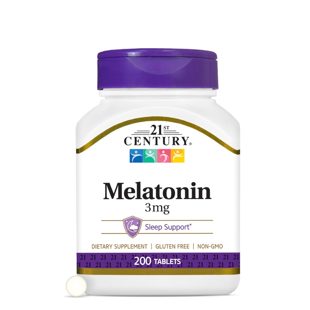 21st Century Melatonin 3mg Sanfte Stärke Tabletten, 200 Count, Schlafhilfe für Erwachsene, fördert Entspannung und erholsamen Schlaf, Nicht-Habit-Bildung, Gluten-frei, Nicht-GVO