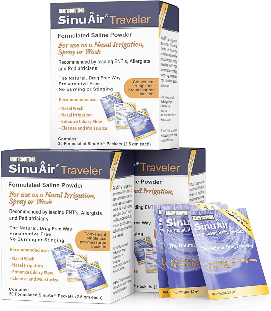 SinuAir 2.5 Gram Saline Packets - Natriumchlorid mit Kalium & Calcium, Salzlösung Pulver Nachfüllpackungen für Nasalbewässerungsmaschine, 90 Packungen