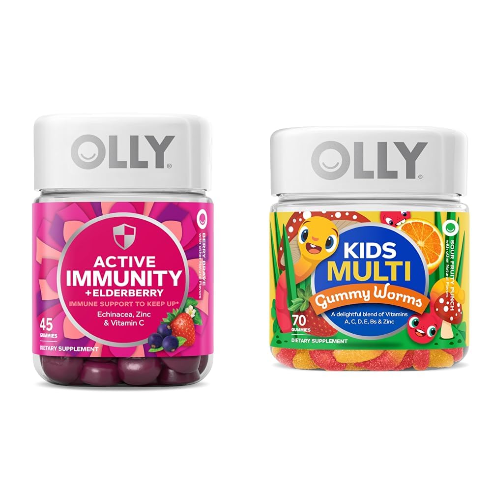 OLLY Gummy Active Immunity+Elderberry 45 Gummis & Kinder Multivitamin Gummy Worms 70 Count