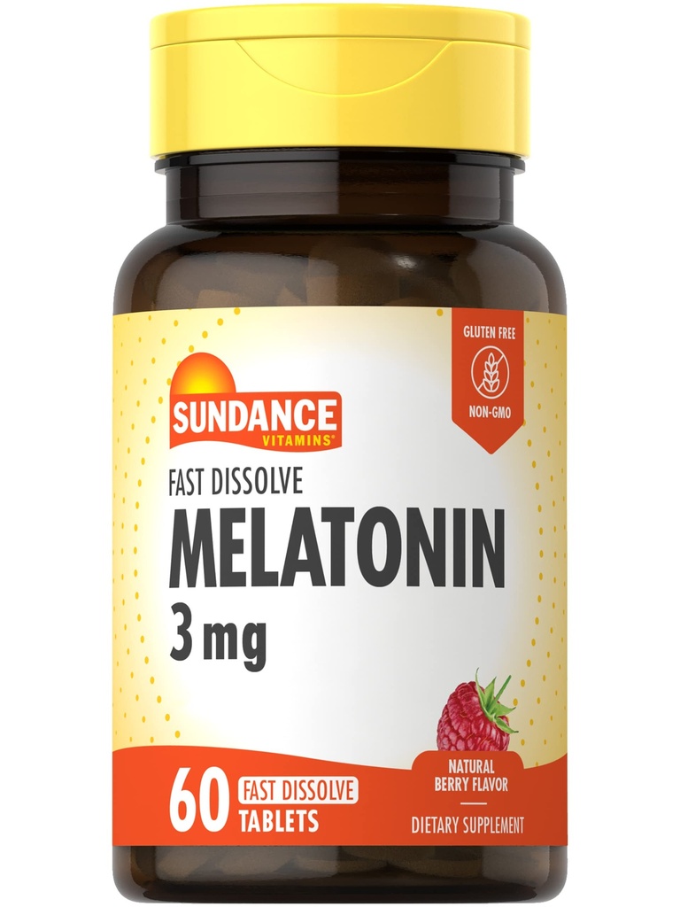 Sundance Melatonin 3mg Schnell auflösen | 60 vegetarische Tabletten | Natural Berry Flavor | Vegetarische, nicht-GVO und glutenfreie Ergänzung