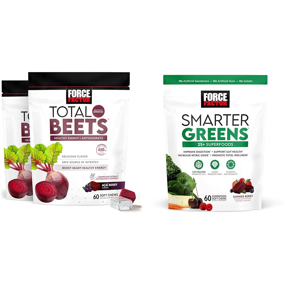 Force Factor Total Beets Soft Chews mit Beetroot, Grapeseed Extract, Antioxidantien, Nitrate, L-Citrulline, 120 Count, 2-Pack und Smarter Greens Superfood Chews mit 25+ Superfoods, Probiotics, Antioxidantien und Fiber, 60 Count