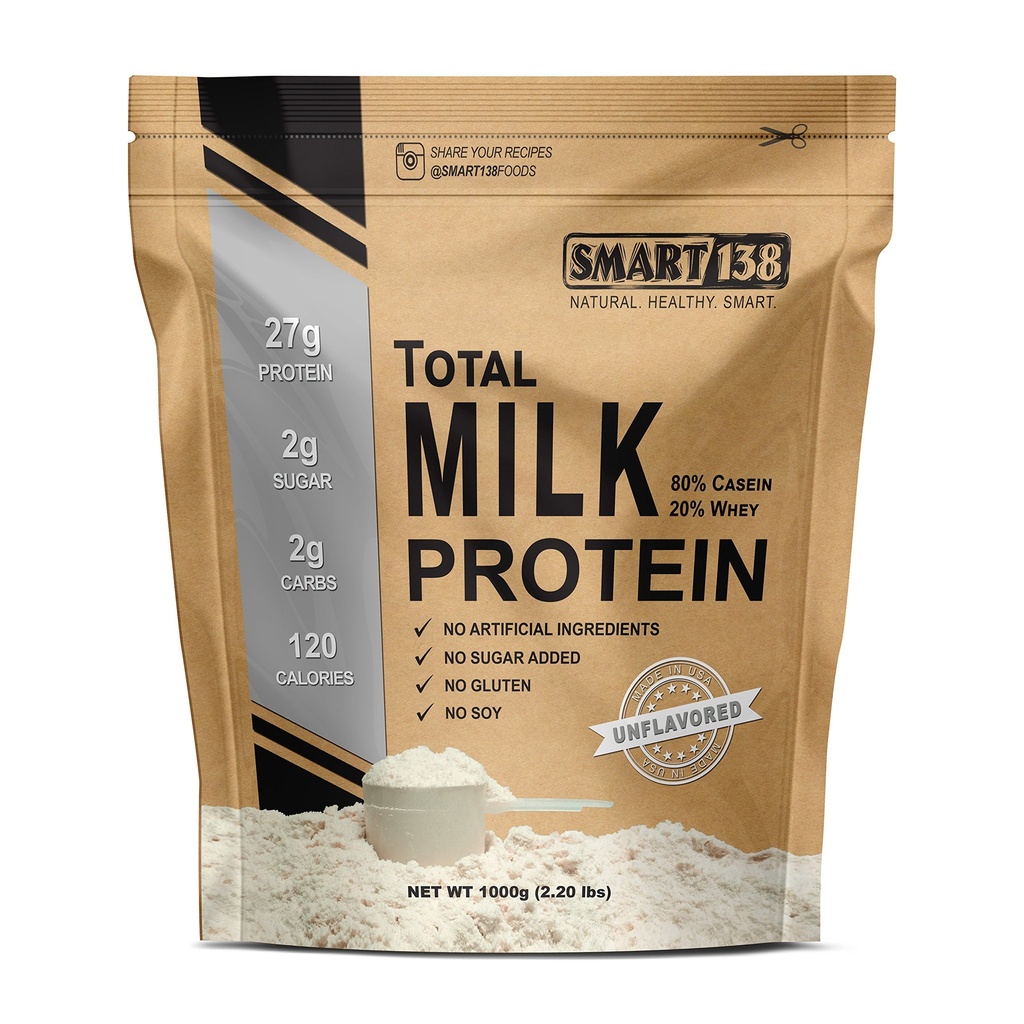 Smart138 Gesamtmilchprotein - 80% Casein 20% Whey - RBST/rBGH Hormone Free, Glutenfrei, Sojafrei, Non-GMO, USA, Keto Low Carb, Natural BCAAs (1000g / 2.2lbs, Unflavored)