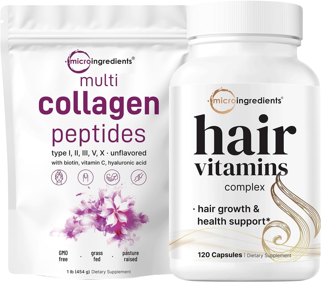 Micro Ingredients Multi Collagen Protein Powder 16oz & Hair Vitamins Complex Kapseln Bundle 2 Pack | Grass-Fed Collagen Peptides | 14-in-1 Advanced Hair Growth Support