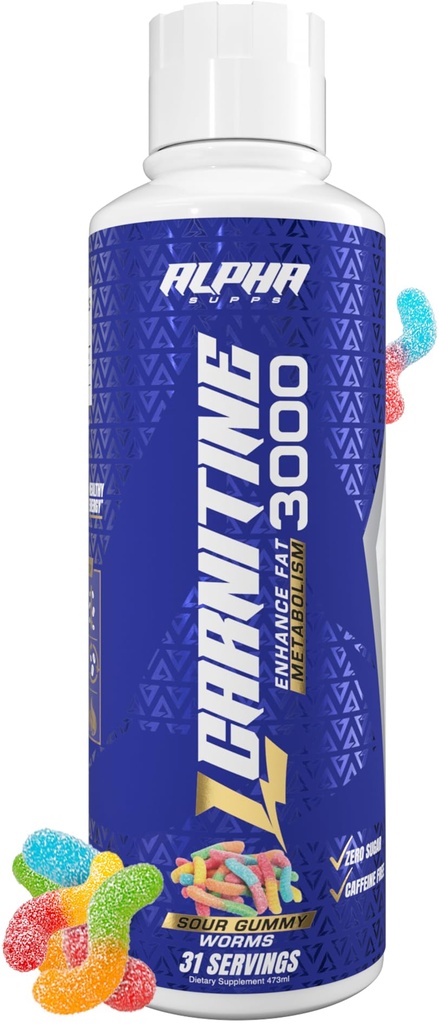 Alpha Supps L Carnitine Liquid 3000 | Stimulant-freie L-Carnitin Ergänzung für Männer & Frauen | Vor-Workout Energie Boost & Muskel Erholung | Zero Zucker, Fett, & Carbs | 31 Servierungen (Sour Gummy Worms)