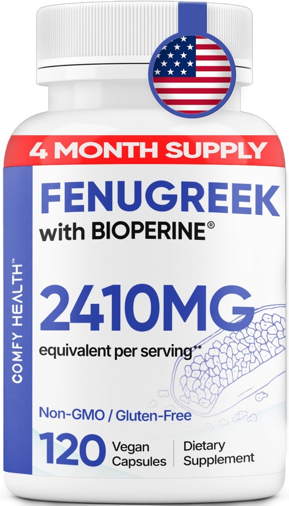 Fenugreek Kapseln, 2410mg Per Capsule, 120 Count, Fenugreek Pillen mit Bioperine für Superior Absorption, Non-GMO, Gluten Free Fenugreek Seeds Extract Supplements, Fenogreco Capsulas