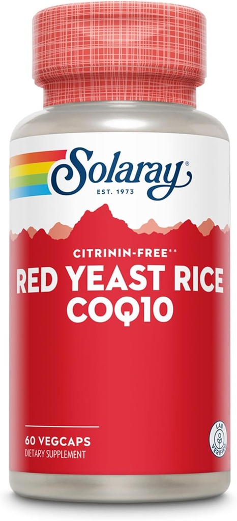 SOLARAY Red Yeast Rice Plus CoQ-10 & No-Flush Niacin Vitamin B-3, Healthy Heart & Cardiovascular Support, Non-Irradiated & Citrinin Free, 60 Tage Geld zurück Garantie, 60 Servietten, 60 VegCaps