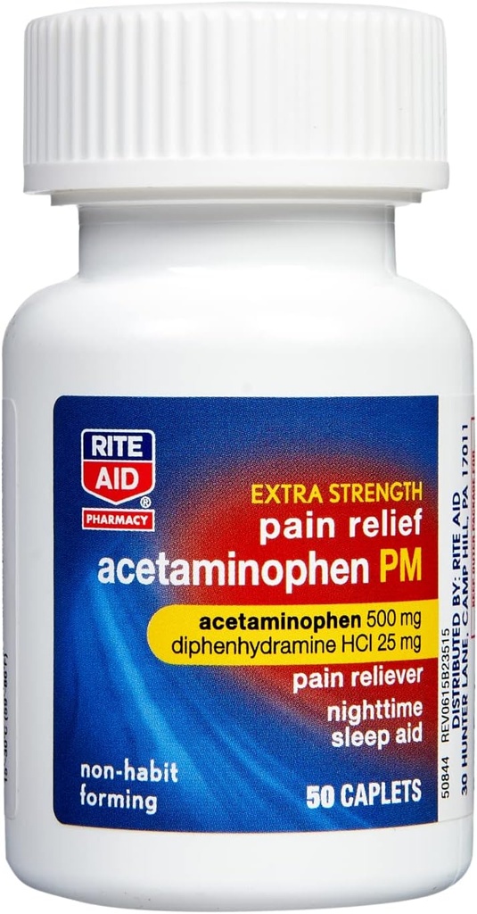 Rite Aid Extra Strength PM Schmerzlinderung Caplets, 500mg Acetaminophen / 25mg Diphenhydramine - 50 Count | Nighttime PM Schmerzlinderung + Schlafhilfe | Gemeinsame Schmerzlinderung | Menstrual Pain Relief + PMS Relief